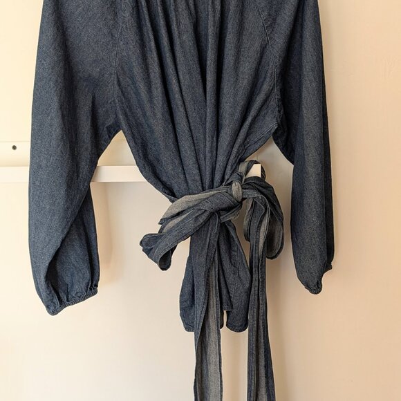 Eloquii Plus Size 16 Dramatic Faux Wrap Dark Blue Chambray Denim Blouse EUC - Picture 4 of 6